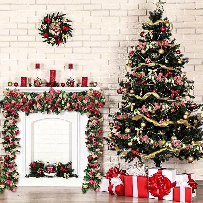 5pcs Artificial Peony Flower Garlands with 45 Red, Pink & White Blooms – Perfect for Christmas, Thanksgiving, Mother’s Day, Halloween, Labor Day – Indoor/Outdoor Wedding and Home Decor, Plastic Peony Vine Decorations