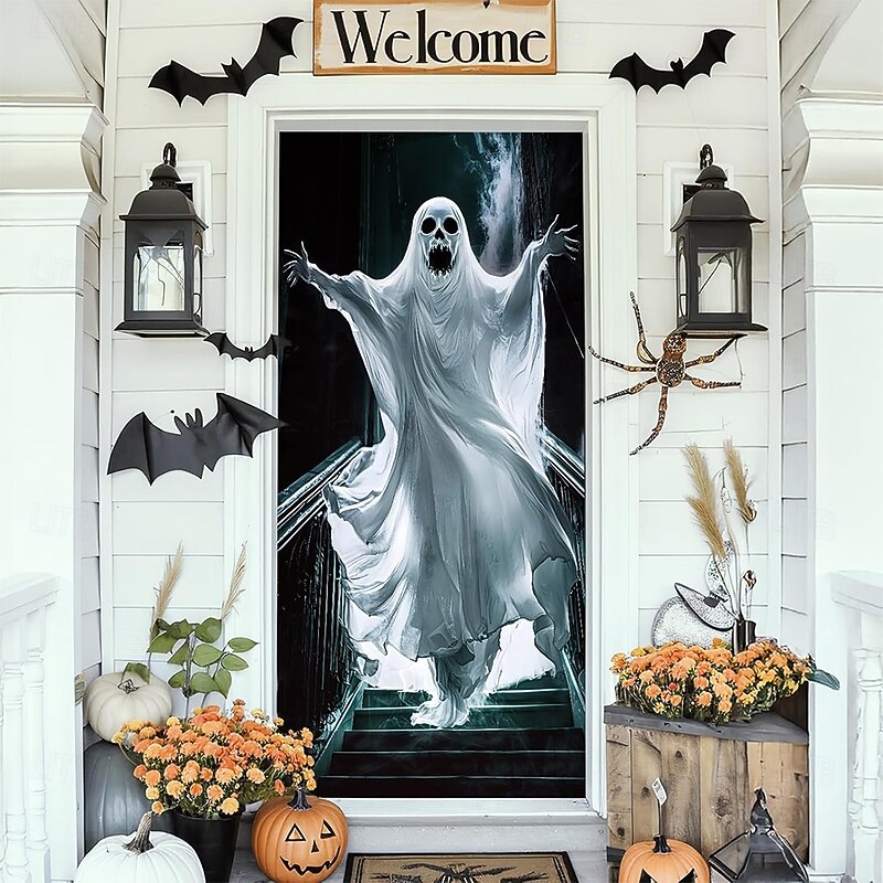 Halloween Door Cover Outdoor Banners Ghost Boo Psychedelic Dark Punk Gothic Style Party Outdoor Shooting Backgrounds Front Door Wall Porch Home Decor2