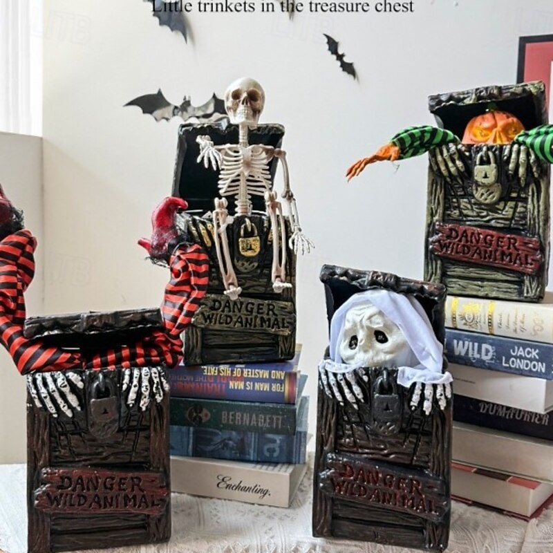 Halloween Creative Decorative Box with Pumpkin Witch, Skeleton Frame, White Ghost, and Motion-Activated Toy