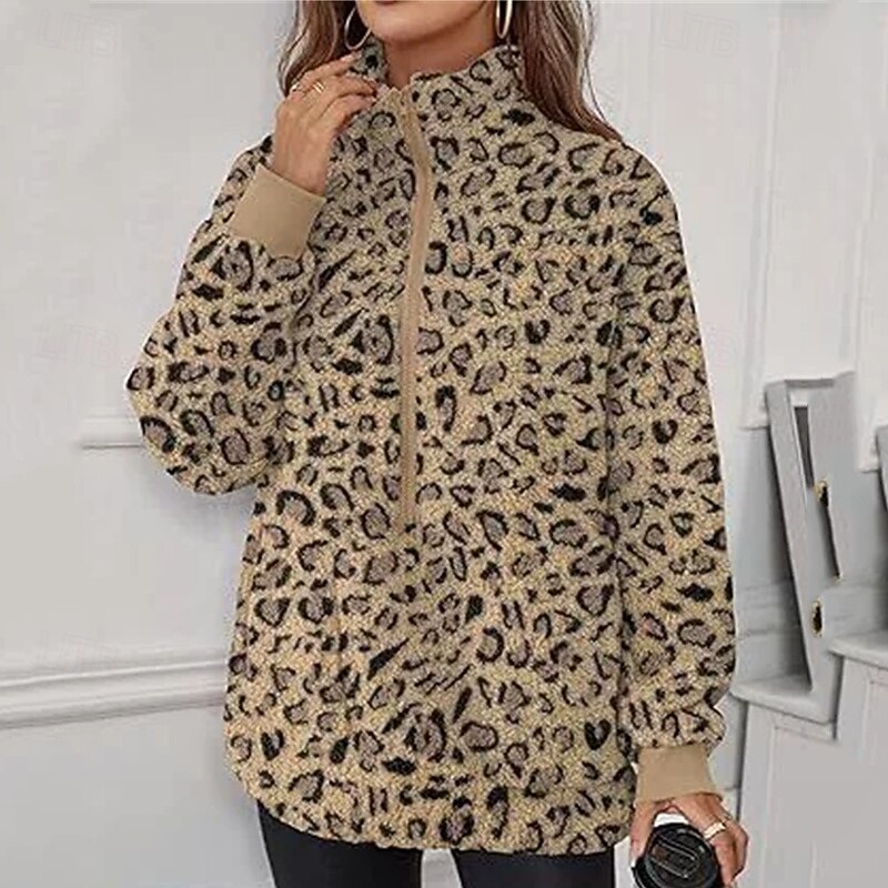 Women's Trench Coat Warm Comfortable Zipper Pocket Fashion Outdoor Leopard Going out Weekend Zipper Regular Lapel Regular Fit Long Sleeve Outerwear Yellow Apricot Coffee Fall Winter4