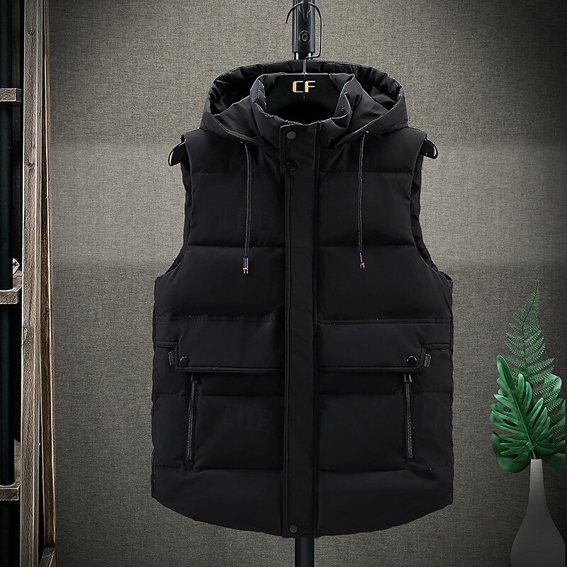 Men's Puffer Vest Vest Gilet Vacation Daily Date Fashion Casual Winter Pocket Polyester Warm Comfortable Solid Color Camouflage Zipper Hooded Regular Fit Black Dark Gray Beige Gray Vest3
