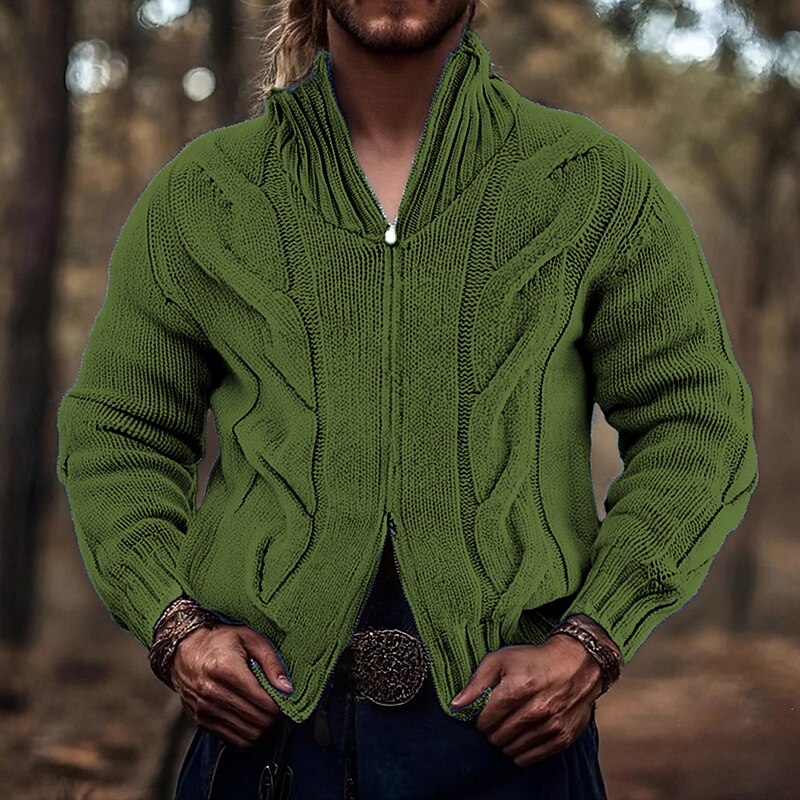 Men's Cardigan Sweater Cropped  Sweater Zip Sweater Knit Sweater Ribbed Knit Regular Tops Zip Up Plain Stand Collar Fashion Classic Vacation Daily Wear Clothing Apparel Fall Winter Black Pink S M L3