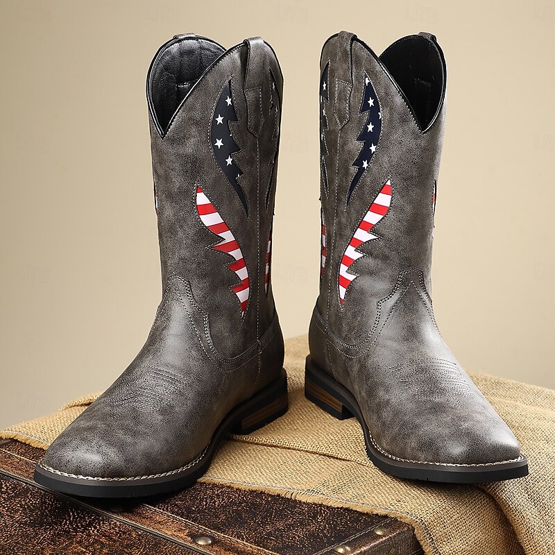 Men's Grey Cowboy Boots with American Flag Embroidery – Western Tall Cowhide Boots for Rodeos, Country Concerts and Independence Day Outfits4