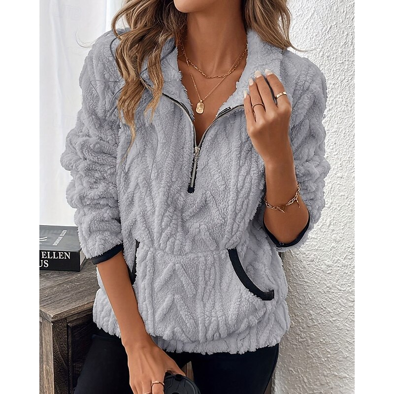 Women's Sweatshirts Zip Up Sweatshirts Plain Streetwear Casual Comfy Long Sleeve High Neck Regular Tops Street Holiday Going out Half Zipper Quarter Zipper Pocket Quarter Zip White Pink Wine Blue2