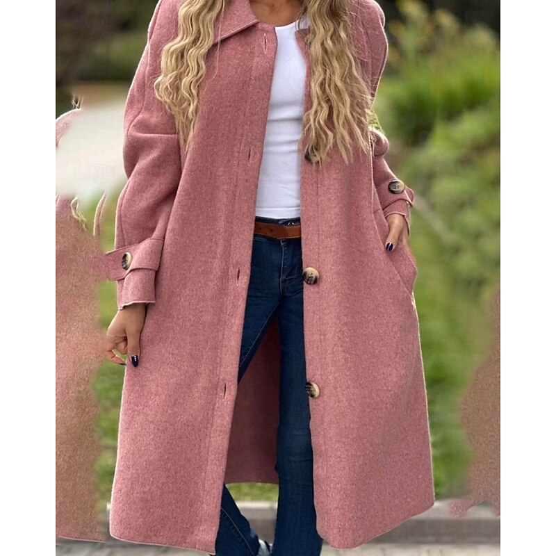 Women's Coat Warm Comfortable Pocket Buttons Fashion Plain Outdoor Vacation Single Breasted Long Turndown Regular Fit Long Sleeve Outerwear Black Yellow Pink Fall Winter4