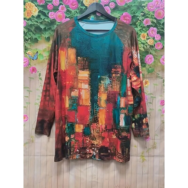 Women's T Shirt Graphic Geometric Vintage Stylish Classic Long Sleeve Crew Neck Round Neck Long Tops Daily Print Red Purple Spring Fall3