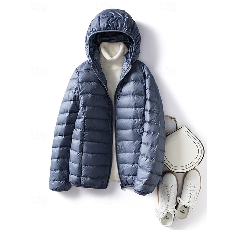 Women's Down Jacket Warm Comfortable Zipper Pocket Casual Plain Going out Weekend Zipper Regular Hooded Regular Fit Long Sleeve Outerwear Baby blue Wine Red Fall Winter4