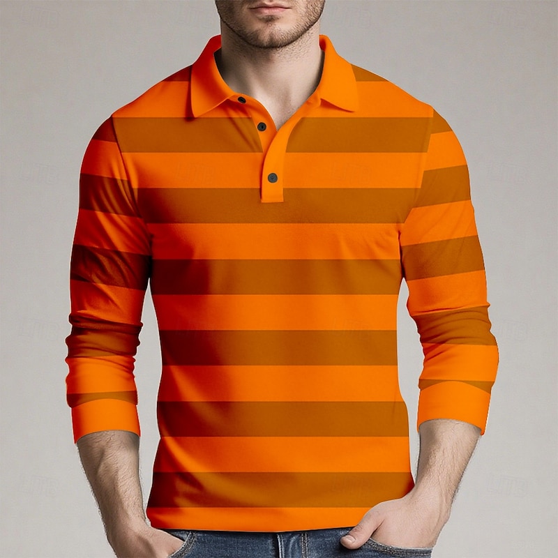 Men's Horizontal Stripes Rugby Polo Long Sleeve Polo Shirts Collared Shirts Sportswear Casual School Outdoor Athleisure 3D Print Spring Fall Winter Black Red Orange