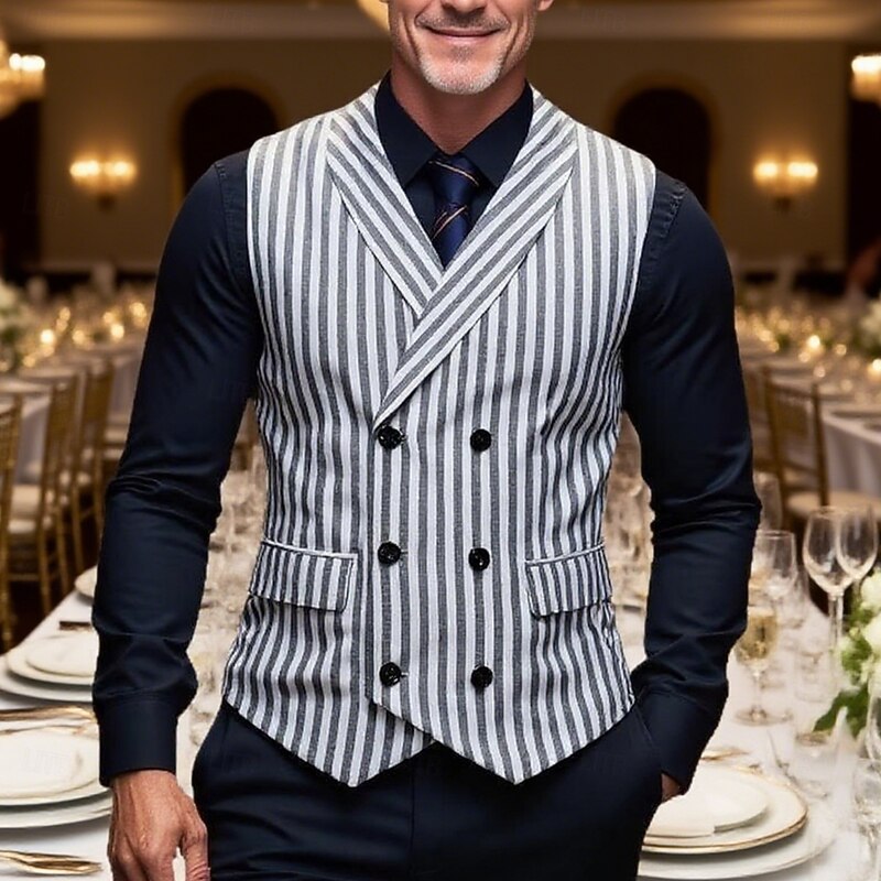 Men's Waistcoat Cocktail Attire Wedding Guest Casual Vintage Spring Fall Double Breasted Polyester Adjustable Striped Slim Fit Light Grey Dark Gray Vest