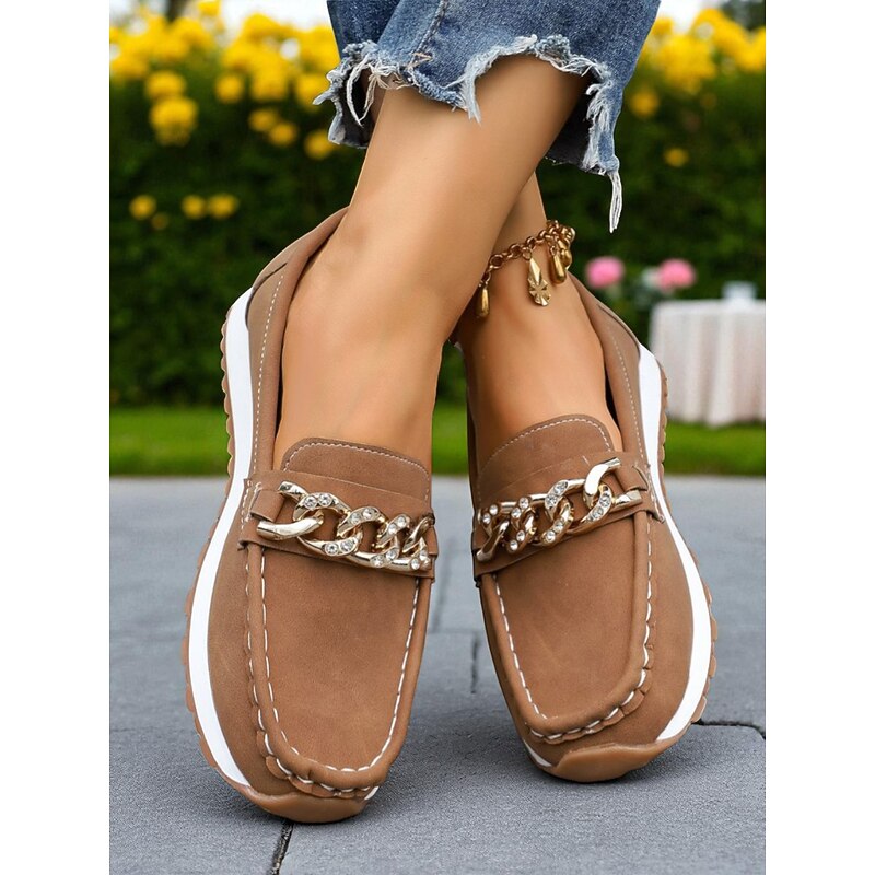 Women's Brown Loafers – Faux Suede Chain Decor Slip-On Casual Shoes for Office, Shopping, Travel and Daily Wear2