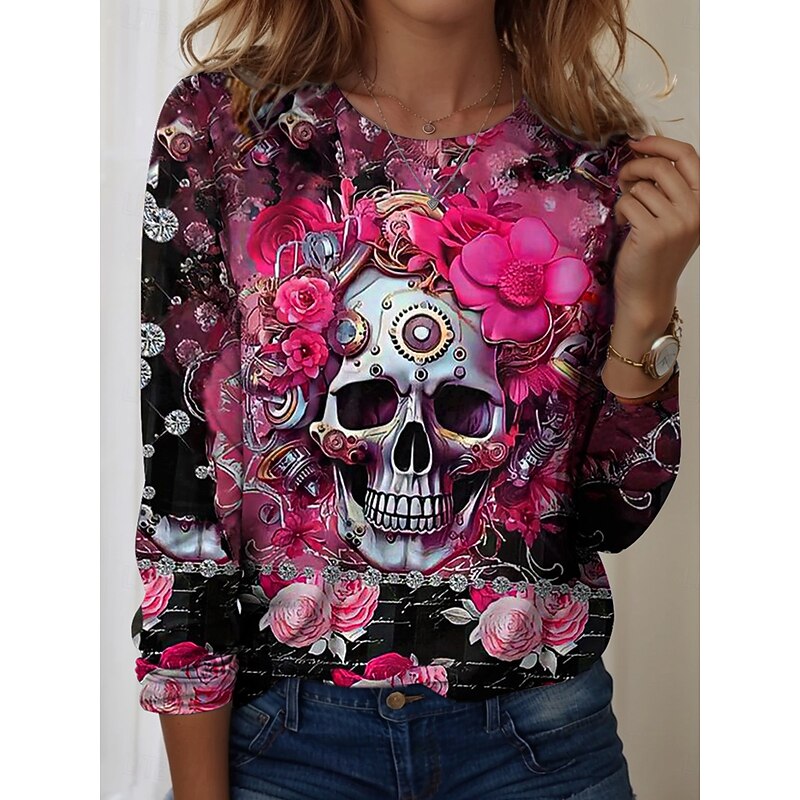 Halloween Women's T Shirt Skulls Graphic Vintage Fashion Casual Long Sleeve Crew Neck Regular Tops Daily Weekend Print Red Purple Orange Summer Spring Fall