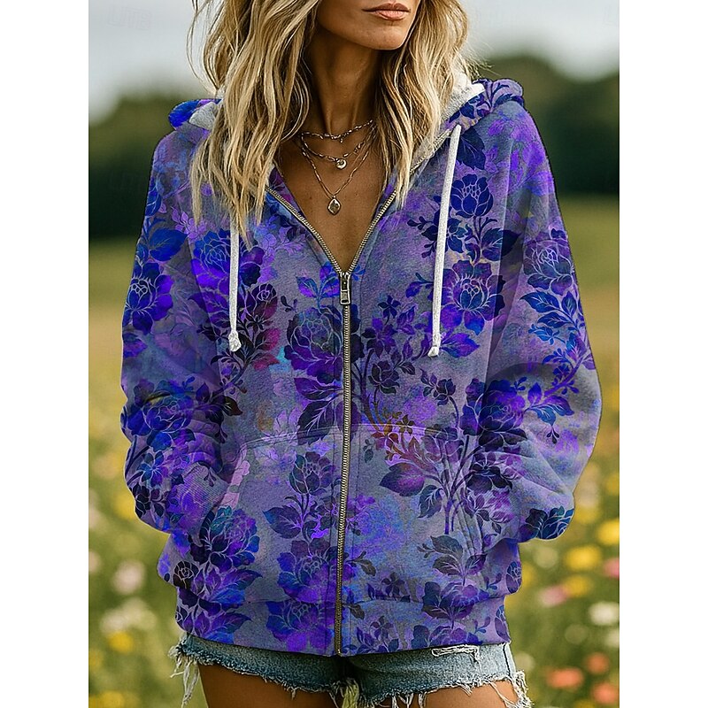 Women's 3D Print Vintage Boho Hoodie Patchwork Hoodie Sweatshirt Floral Zip Up s  Fashion Casual Long Sleeve Hooded  Street Dailywear Patchwork Zipper Pocket Red Blue Purple Fuchsia Green Spring Fall3