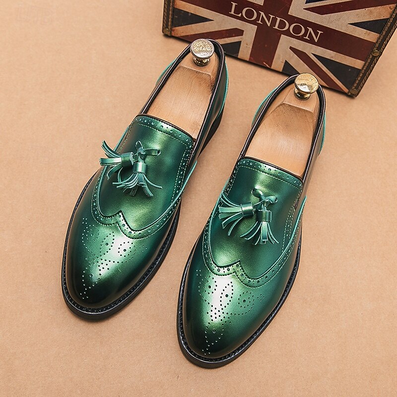 Men's Metallic Green Tassel Loafers – Fashionable Dress Shoes for Parties, Nightlife and Statement Streetwear Looks3