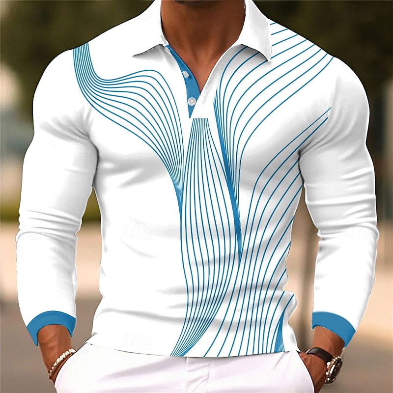 Men's Geometic Line Polo Long Sleeve Polo Shirts Lapel Casual Street Athleisure Daily Wear 3D Print Buttons Spring Fall Winter Black White Red