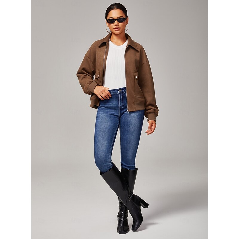 Women's Relaxed Faux Suede Zip Jacket Lapel Collar Ribbed Trim Zipper Closure with Pockets Lined Casual Stylish Daily Fall2