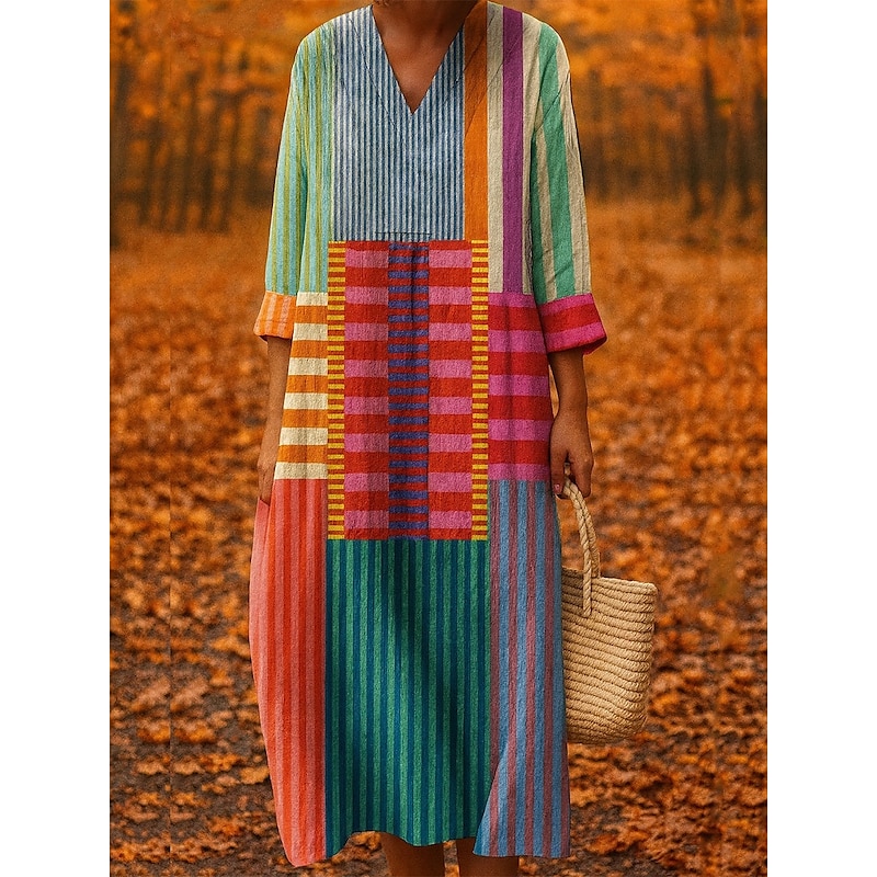 Women's Midi Dress V Neck Long Sleeve Kaftan Lightweight Loose Fit A Line Dress Casual Boho Going out Loose Fit Graphic Geometric Long Sleeve V Neck Yellow Red Fall