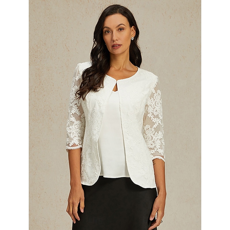 Women's Lace Jacket Blazer Mesh Elegant 3/4 Length Sleeve Crew Neck Regular Tops Wedding Guest Work Daily Lace White Spring Fall