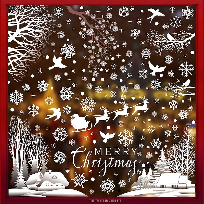 9 Sheets Christmas Window Cling Wall Sticker Decals Decorations, Reindeer, Snowflakes, Hummingbirds & Snow Houses, Merry Christmas, Static Cling, Holiday Home & Store Decor2