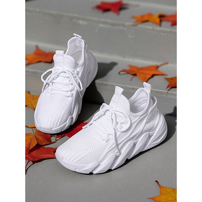 Women's White Chunky Sole Lace-Up Sneakers – Lightweight Breathable Mesh Sports Shoes for Running, Walking & Casual Outfits4