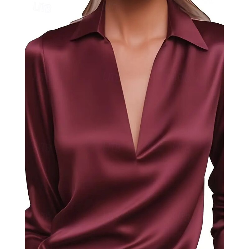 Women's Elegant Dressy Satin Work Shirt Plain Modern Casual Long Sleeve Shirt Collar Regular Tops Daily Holiday Patchwork Black White Wine Dusty Blue Fall4
