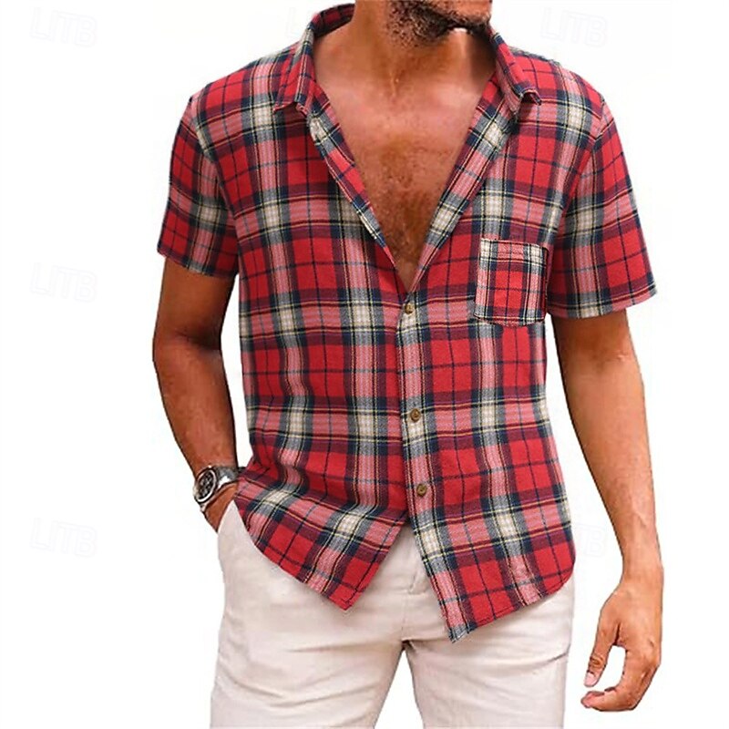 Men's Shirt Summer Shirt Casual Shirt Beach Shirt Button Up Shirt Yellow Red Green Short Sleeve Plaid Lapel Vacation Hawaiian Pocket Clothing Apparel Polyester Fashion Casual Comfortable
