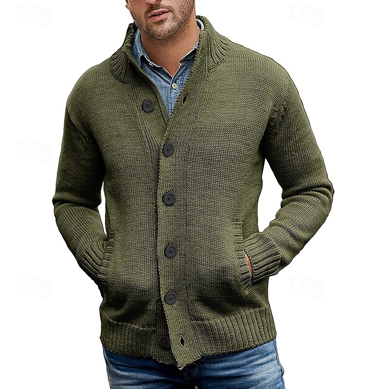 Men's Cardigan Sweater Cropped  Sweater Knit Sweater Ribbed Knit Regular Tops Button Up Pocket Plain Stand Collar Fashion Classic Vacation Daily Wear Clothing Apparel Fall Winter Black Dark Blue M L