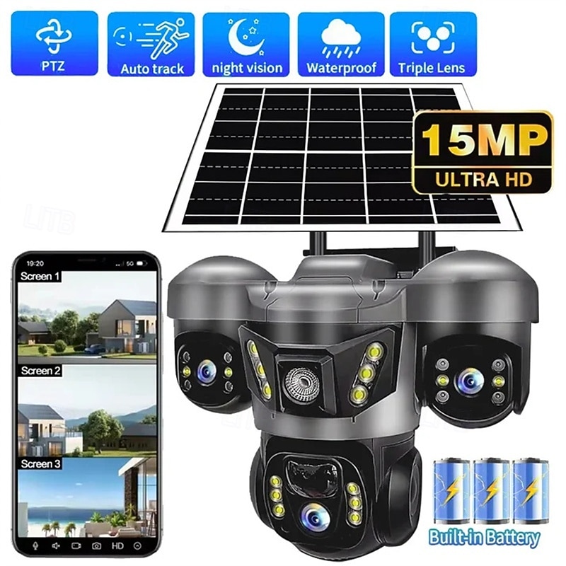 Solar Camera Three Lens Two-Way Audio Outdoor IP66 Waterproof Built-in Battery Security CCTV 6K HD 4G Network Camera