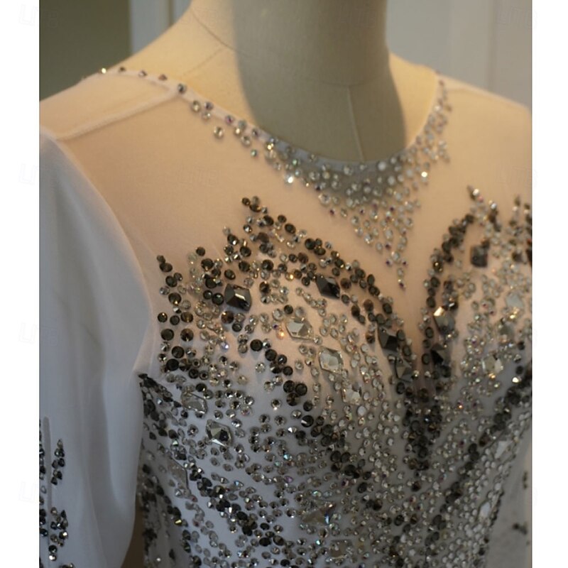 Figure Skating Dress Women's Girls' Ice Skating Dress Gray+White Patchwork Asymmetric Hem Spandex High Elasticity Training Competition Skating Wear Classic Crystal / Rhinestone Long Sleeve Ice2