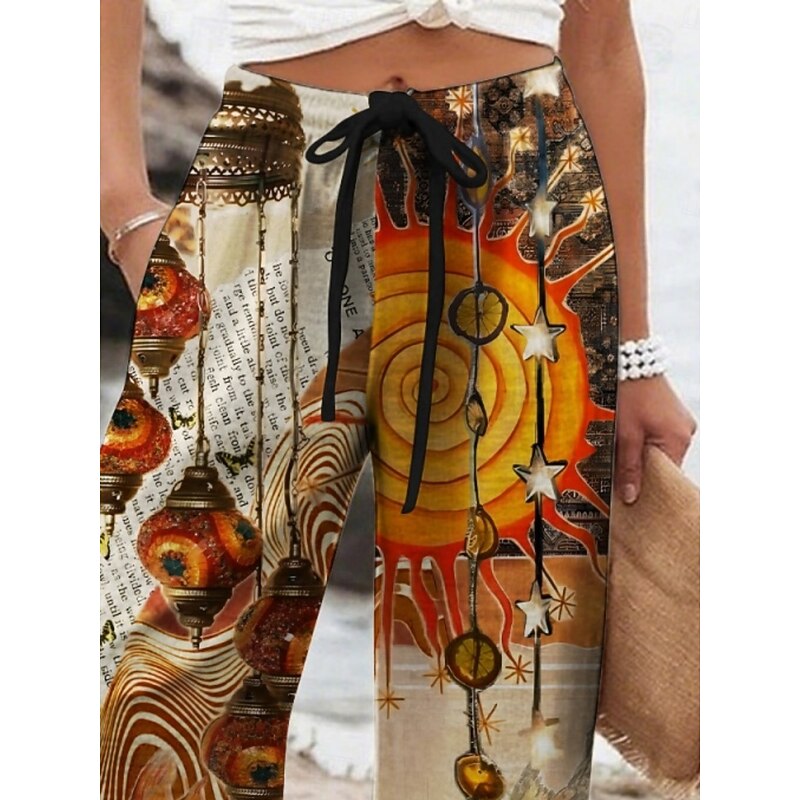 Women's Wide Leg Pants Trousers Retro Vintage Ethnic Long High Waist Sun Graphic Prints Elastic Waist Printing High Cut Breathability Soft Micro-elastic Vacation Street Daily Wear Khaki Spring Fall2