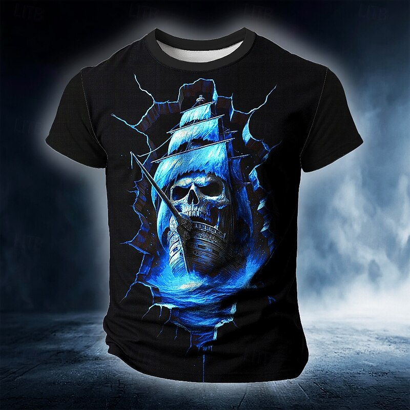 Halloween Men's Skull Ship 3D T Shirt Short Sleeve T shirt 3D Print Crew Neck Shirt Exaggerated Designer Horror Party Street Holiday Lake Blue Blue Orange Summer Spring Clothing Apparel S M L XL XXL2