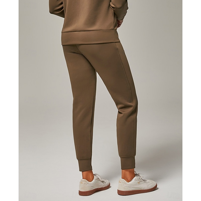 Women's Brown Stretch Knit Tracksuit Pants Zip Slit Elastic Waist Stylish Comfortable Casual Daily Work Versatile Fall3