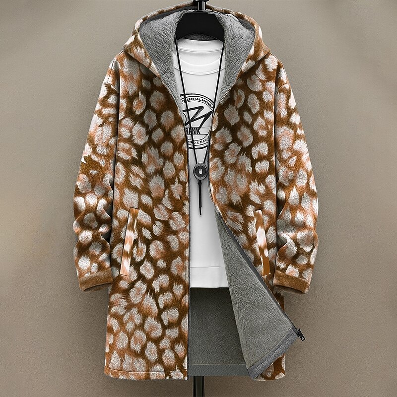 Men's Graphic Leopard Print Winter Coat Fleece Jacket Coat Thermal Warm Comfortable Casual Daily Wear Zipper Pocket 3D Print Fall Winter Hooded Long Sleeve Yellow Blue Brown3
