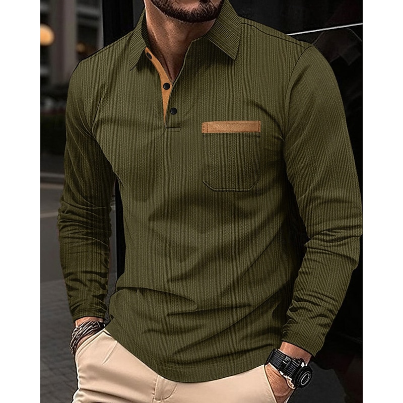Men's Golf Shirt Golf Polos Shirts Work Casual Lapel Long Sleeve Basic Modern Color Block Patchwork Buttons Spring Fall Regular Fit Black Army Green Gray Golf Shirt