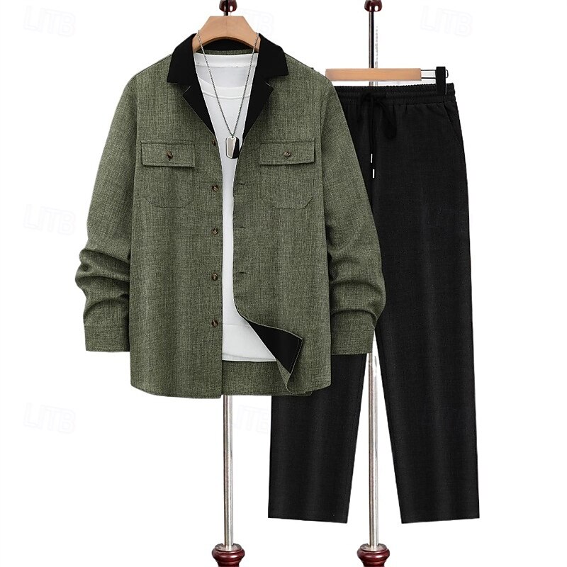 Men's Lightweight Jacket Casual Jacket Set Vacation Daily Warm Pocket Spring Fall Plain Fashion Classic Lapel Regular Green Jacket