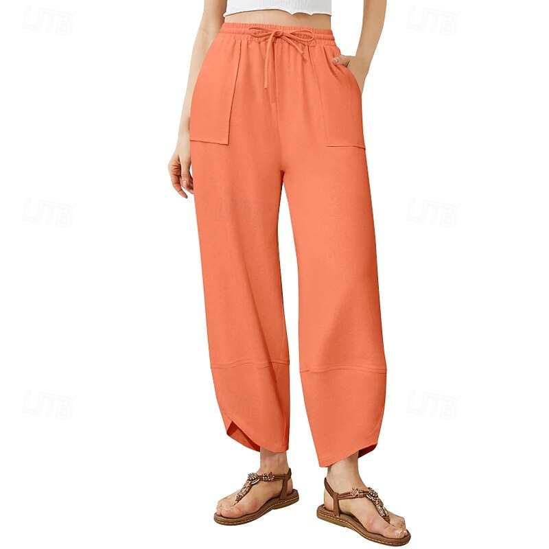 Women's Wide Leg Slacks Streetwear Casual Full Length Natural Plain Pocket Elastic Drawstring Design Soft Street Daily Wear Weekend dark brown Dark-Gray Orange red Black Fall Regular Fit3