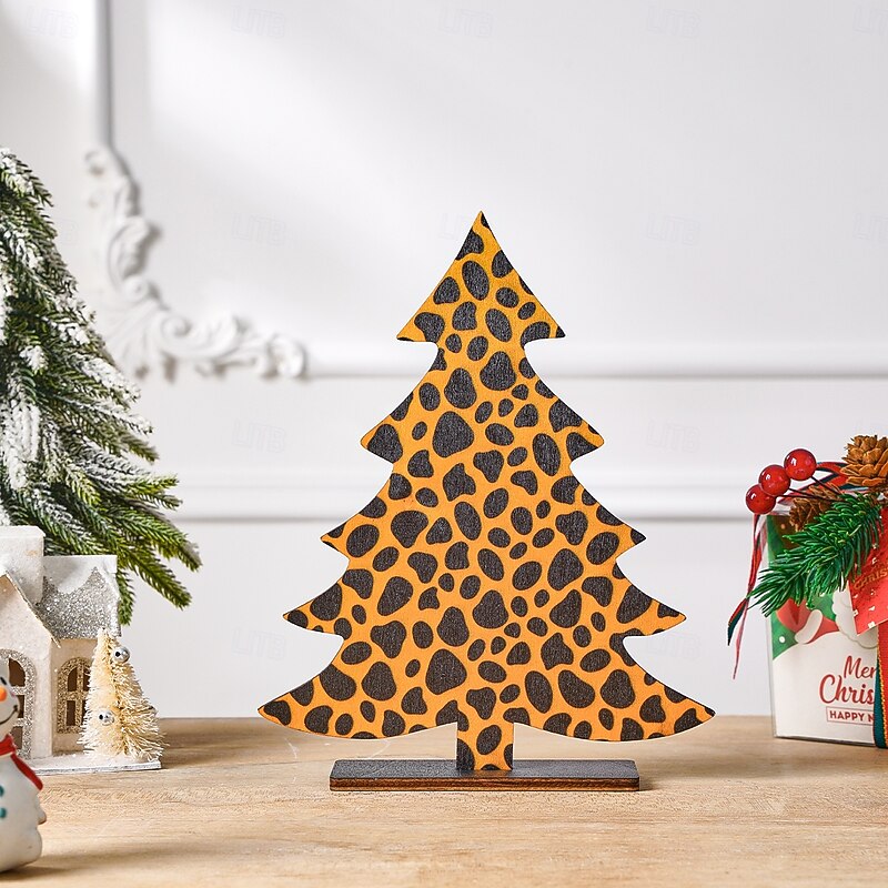 Christmas Wooden Tree 7.8 x 5.3 Inch Creative Pine Tree Decor with Cow Print and Leopard Pattern Wood Indoor Ornament for Home Garden and Gift4