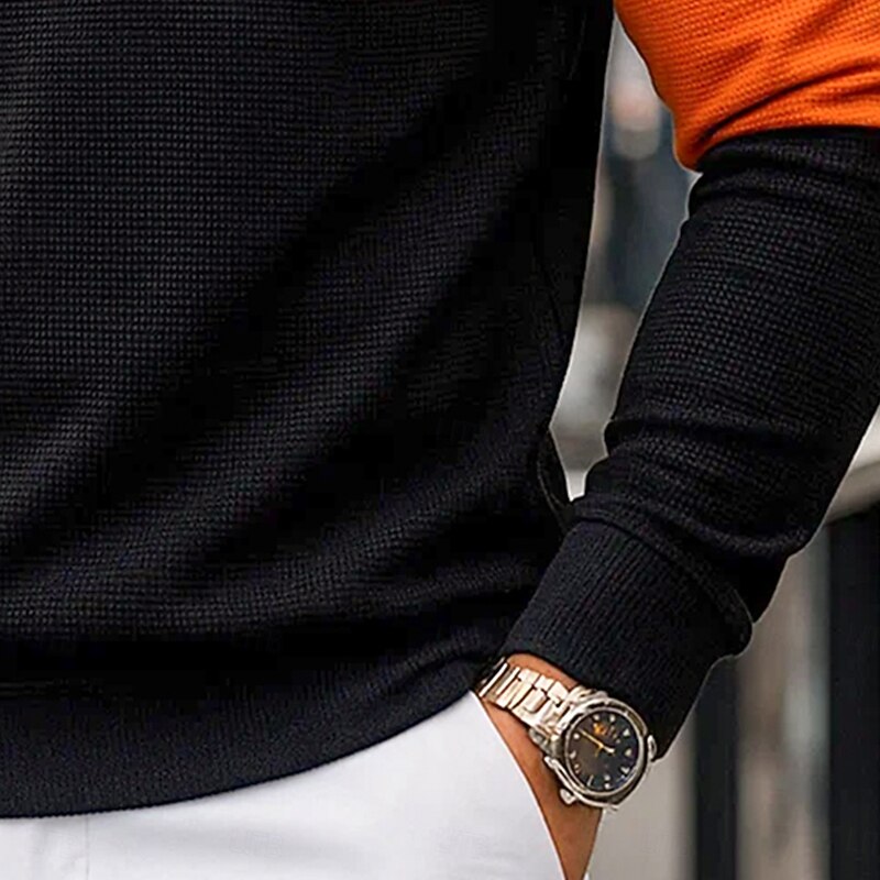 Men's Waffle Polo Shirts Polo Shirts Formal Business Ribbed Polo Collar Long Sleeve Fashion Solid Color Striped Color Block Buttons Spring &  Fall Regular Fit Black / Orange Waffle Polo Shirts3