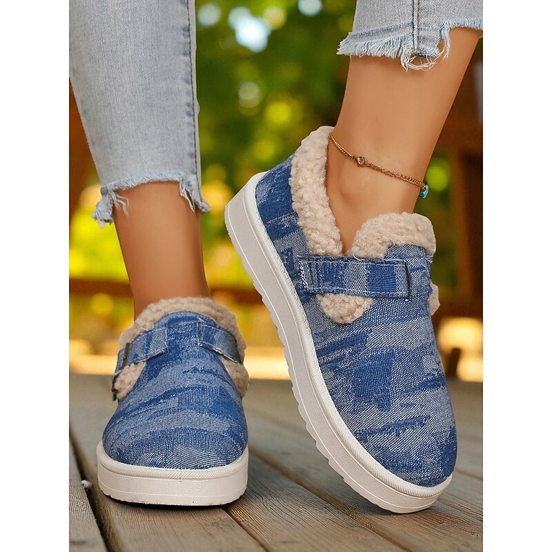 Women's Denim Fleece Lined Snow Booties – Warm Casual Slip-On Winter Shoes with Velcro Strap for Travel and Outdoor Walks