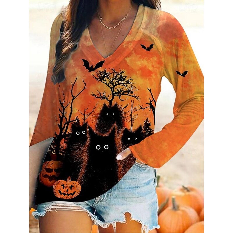 Halloween Women's T shirt Black Cat Long Sleeve V Neck Long Sleeve Graphic Casual Vintage Stylish Classic Regular Tops Daily Print Black Yellow Orange Spring Fall Prefall