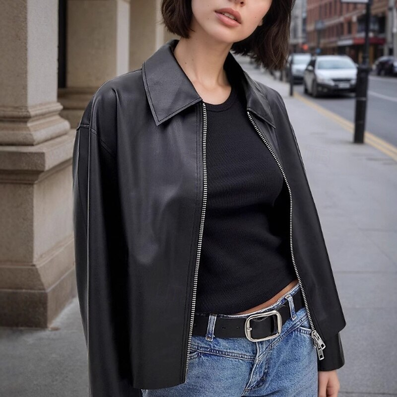 Women's Faux Leather Jacket Casual Jacket Comfortable Zipper Fashion Plain Going out Casual Daily Zipper Regular Turndown Regular Fit Long Sleeve Outerwear Black Fall Winter