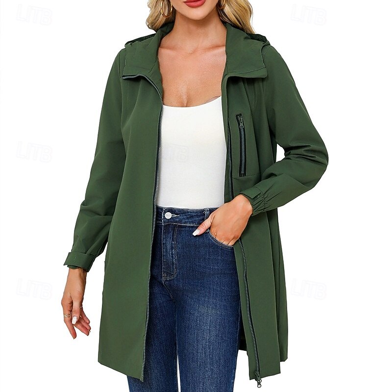 Women's Trench Coat Waterproof Rain Jackets Rain Coats Waterproof Windproof Zipper Pocket Fashion Outdoor Plain Going out Weekend Zipper Regular Hooded Regular Fit Long Sleeve Outerwear Light Blue - Main Image