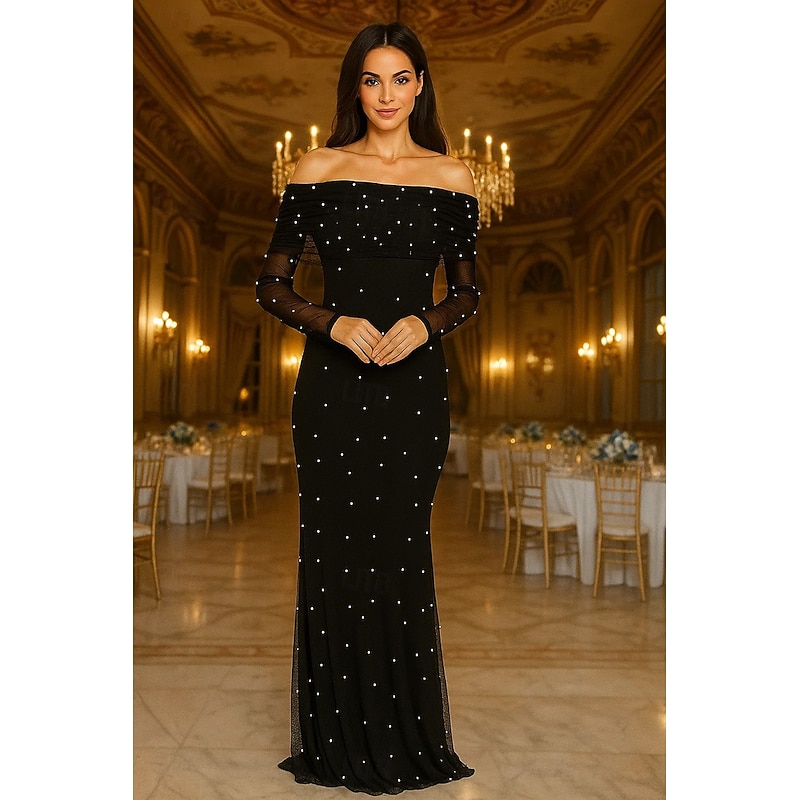 Black Tie Mesh Mermaid / Trumpet Evening Gown Pearls Elegant Dress Formal Wedding Sweep / Brush Train Long Sleeve Off Shoulder with Ruched 2025