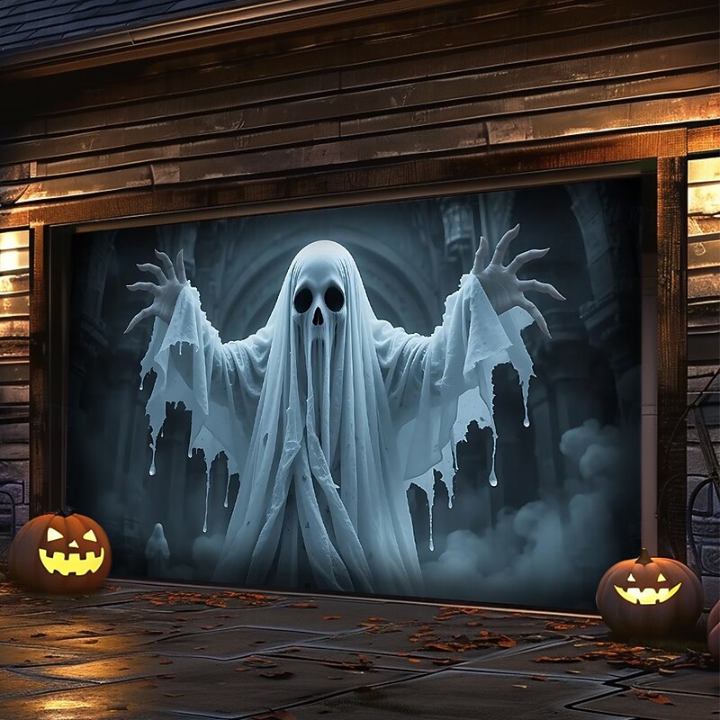 Halloween Garage Door Cover Large Hanging Backdrop Ghost 3D Dark Punk Gothic Style Party Outdoor Shooting Backgrounds Front Door Home Decor3