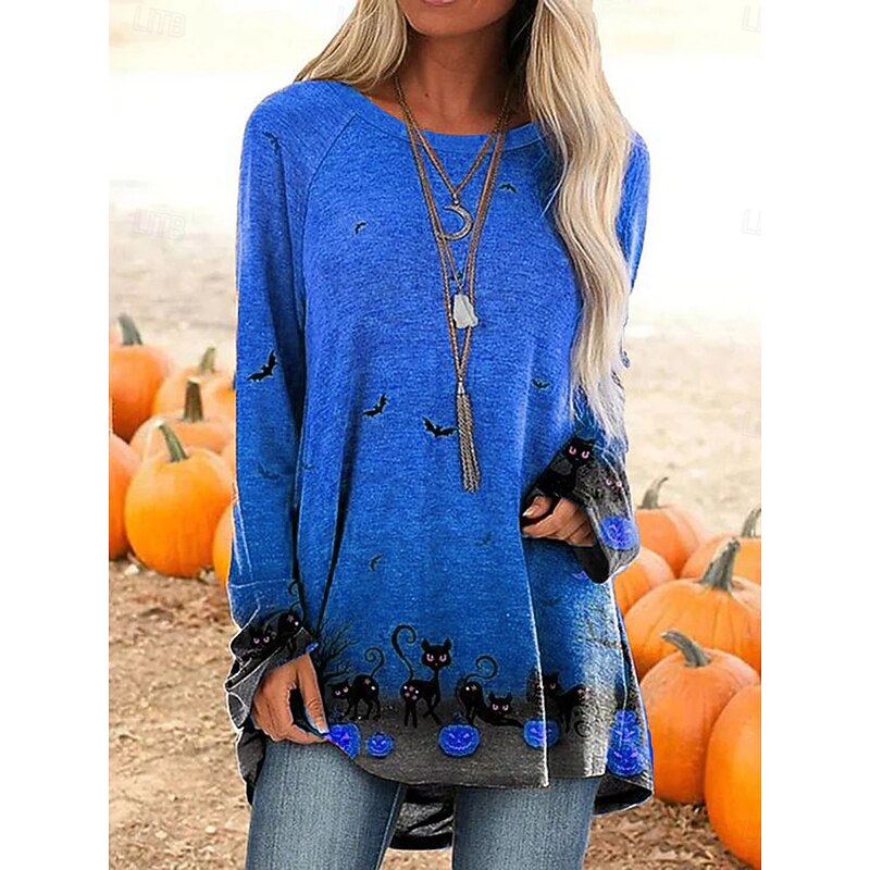 Halloween Women's T shirt Pumpkin Long Sleeve Graphic Vintage Stylish Casual Long Sleeve Crew Neck Long Tops Daily Print Black White Yellow Orange Spring Fall Prefall4