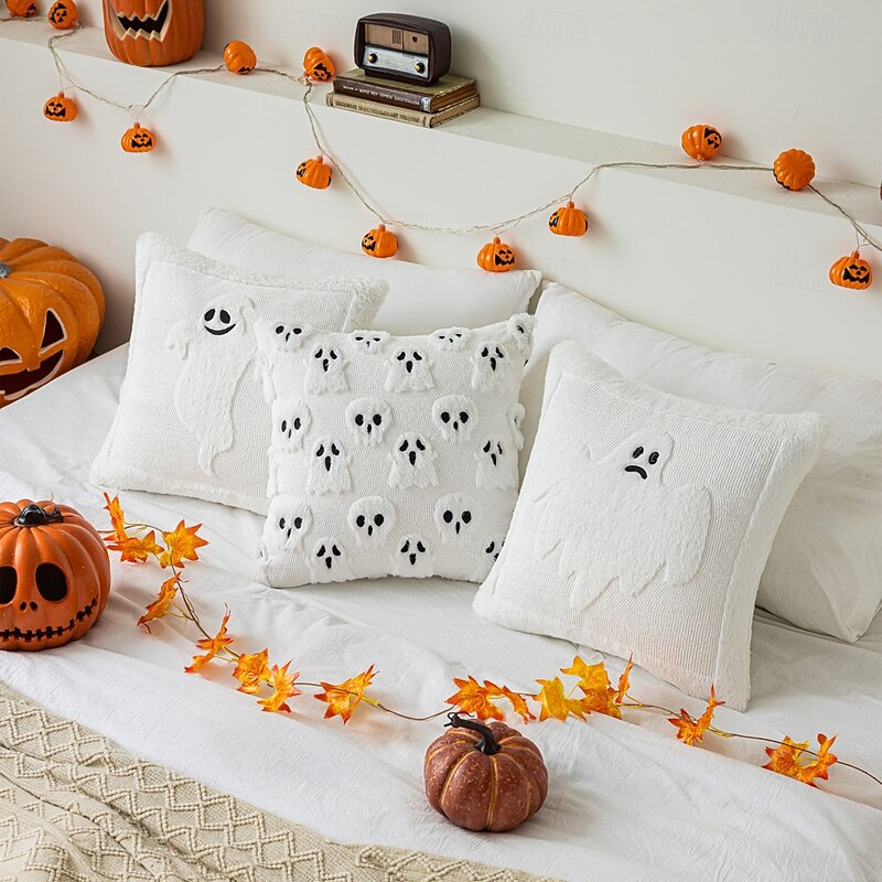 Halloween Throw Pillow Covers, Ghost and Pumpkin Plush Cushion Cases for Couch, Sofa, Bed, Holiday Home Decor, 18x18 Inch2