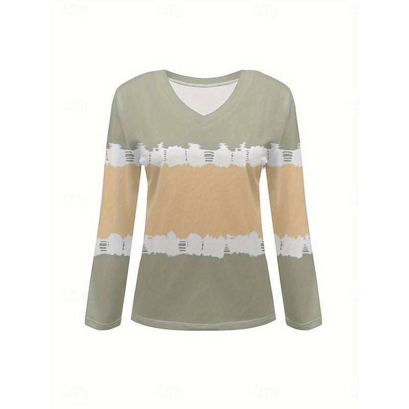 Women's T Shirt Ombre Graphic Striped Vintage Stylish Classic Long Sleeve V Neck Regular Tops Daily Print Light Green Spring Fall Winter2