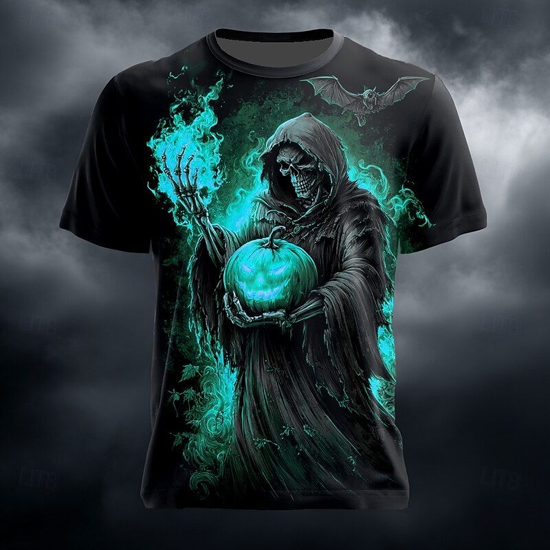 Halloween Men's Pumpkin Reaper T Shirt Short Sleeve T shirt 3D Print Crew Neck Shirt Exaggerated Designer Horror Party Street Holiday Blue Orange Green Summer Spring All Seasons Clothing Apparel S M3