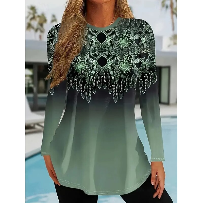 Women's T shirt Crew Neck Long Sleeve Tunic Floral Graphic Plants Vintage Stylish Classic  Round Neck Regular Tops Daily Print Black White Yellow Pink Blue Fall