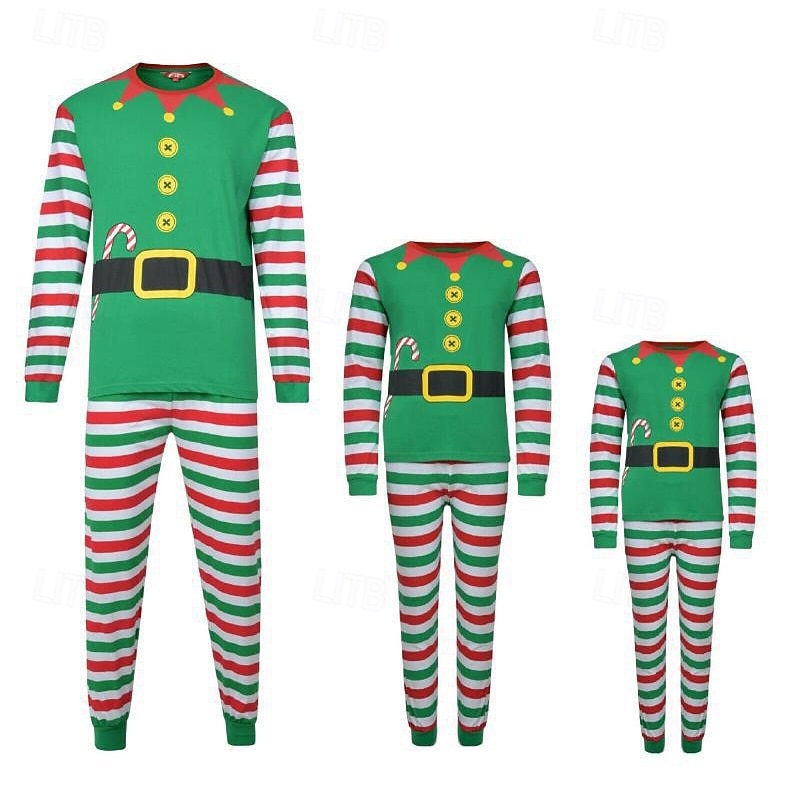 Family Tops Bottom Christmas Pattern Street Print Green Long Sleeve Sweet Matching Outfits