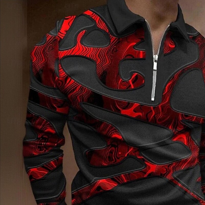 Men's 3D Print Geometic Polo Long Sleeve Turndown Modern Casual Sports & Outdoor Athleisure Casual Daily Zipper Spring Fall Winter Lake blue Red Blue4